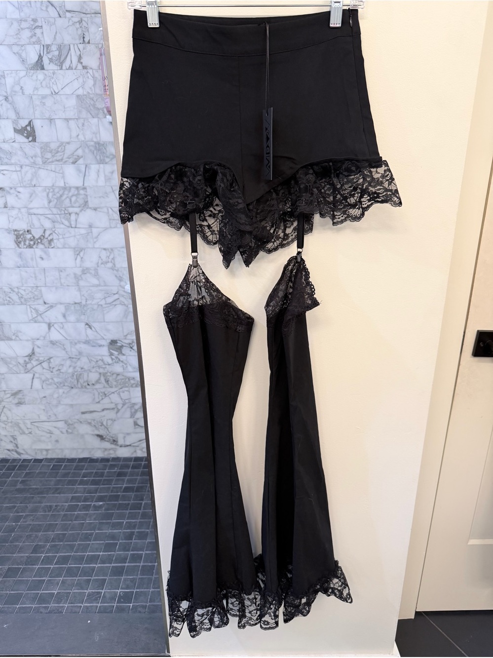 Dolls Kill Black Lace-Trim Short Set with Garters and Thigh-High, Flared Bottoms